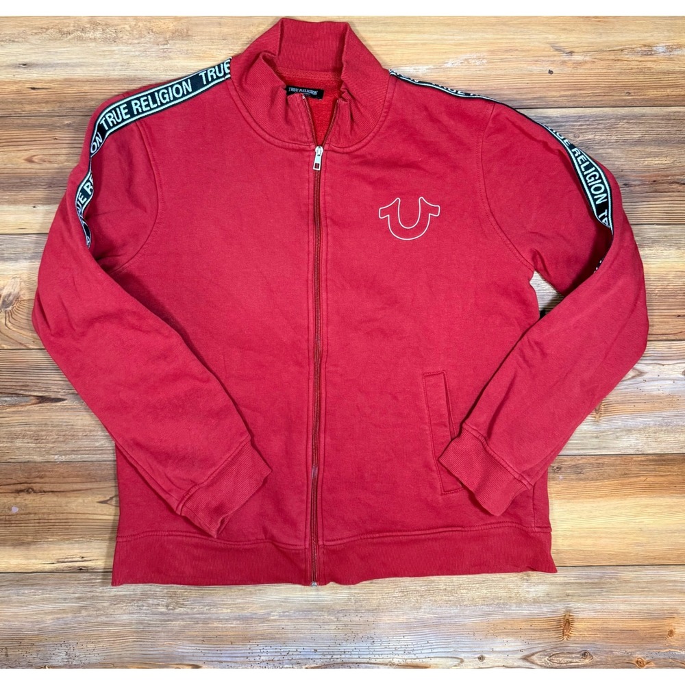 True Religion Mens Red Track Jacket Logo Tape Sleeves Full Zip Sweatshirt Large